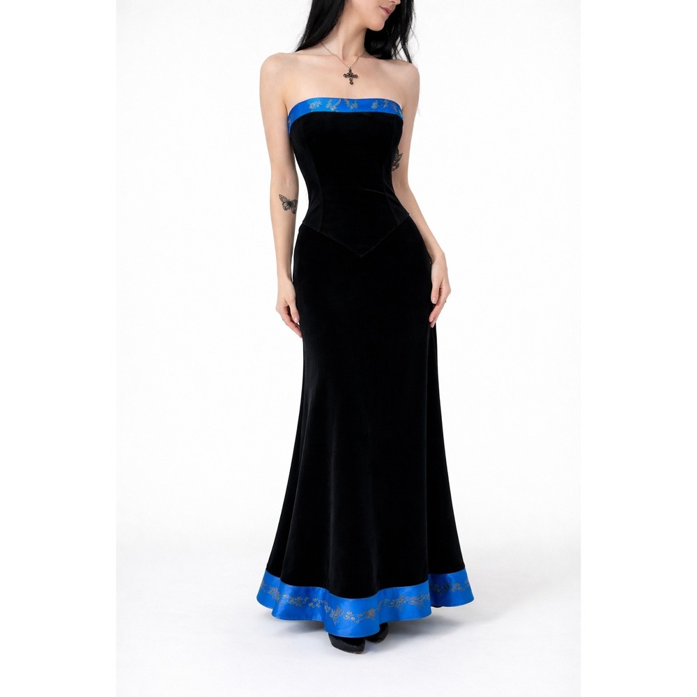 Papell Boutique Black Velvet Strapless Maxi Dress Goth Medieval Y2K Renaissance